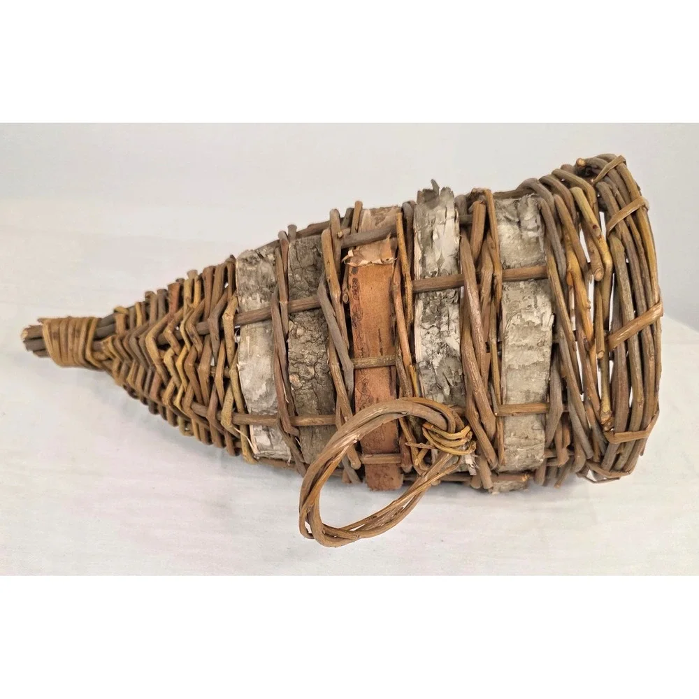 Rustic Woven Willow and Birch Bark Cornucopia Basket Harvest Thanksgiving Decor